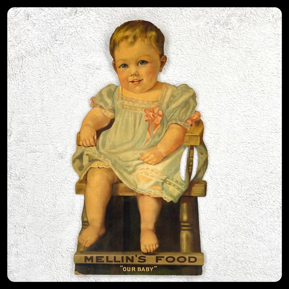 1910s Mellins Food Antique Advertising Sign 24" Cardboard Cutout‎ Display Baby